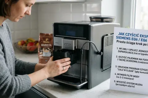 Kobieta wyjmuje moduł zaparzający z ekspresu Siemens EQ6. Obok instrukcja "Jak czyścić ekspres Siemens EQ6 / EQ6 plus?", wskazująca na odkamienianie ekspresu.
