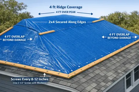 Diagram showing how to tarp a roof with a blue tarp, 4 ft overlap, and 2x4s secured along edges.