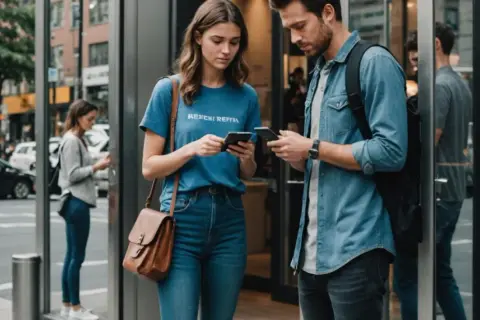 Para jak wynająć mieszkanie, przegląda oferty na telefonach. W tle kobieta też szuka czegoś w smartfonie.