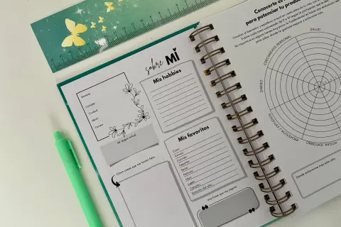 Agenda abierta con secciones para hobbies, favoritos y metas. Incluye un gráfico de áreas de vida y un espacio para planificar los **trimestres del año**.