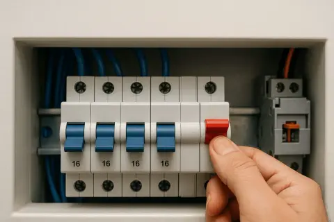 Dłoń włącza bezpiecznik w skrzynce elektrycznej. Wywaliło korki jak włączyć? Ten obrazek pokazuje, jak to zrobić.