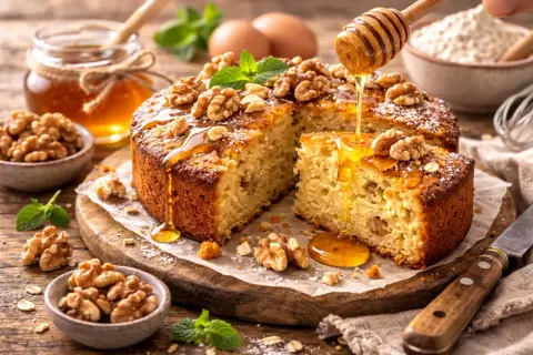 Un délicieux gâteau sans oeuf aux noix, arrosé de miel doré. Parfait pour un goûter gourmand.