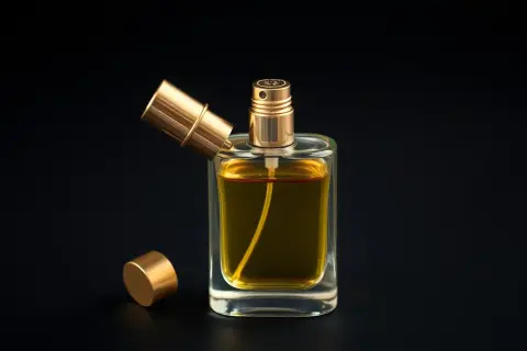 Szklana butelka perfum z złotą nakrętką i atomizerem. Jak naprawić perfum który nie psika? Sprawdź, czy atomizer nie jest zapchany.