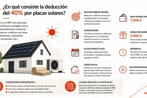 Deducción del 40% en IRPF por placas solares y mejoras en eficiencia energética. Calcula tu deducción con la base fiscal neta.
