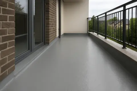 Szary, gładki balkon z płynną membraną dachową, z ceglaną ścianą i metalową balustradą.