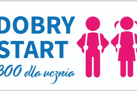 Program Dobry Start: 300 zł dla ucznia. Dwoje dzieci w różowych sylwetkach z szelkami.