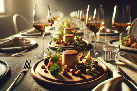 Ett elegant dukat bord med glas fyllda med gyllene vin, redo för en utsökt måltid. Små desserter med bär och frukt väntar. Perfekt vin till mat.
