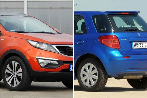 Pomarańczowy Kia Sportage i niebieski Suzuki SX4. Które z nich to najmniej awaryjne auta 15 letnie?