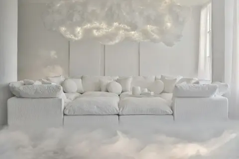 Un divano bianco soffice, circondato da nebbia, sotto una nuvola luminosa. Un'atmosfera eterea che anticipa il colore Pantone 2026.