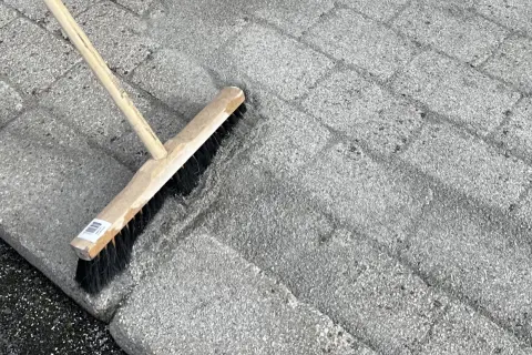 Borste används för att ta bort mossa på stenplattor.