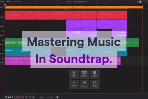 Mastering music in Soundtrap by Spotify. A digital audio workstation interface with multiple tracks and a chorus section.
