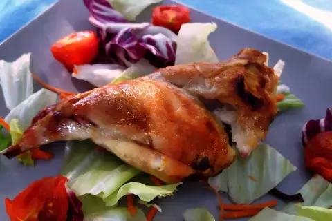 Un succulento coniglio allo spiedo, dorato e croccante, adagiato su un letto di insalata fresca con pomodorini e carote.