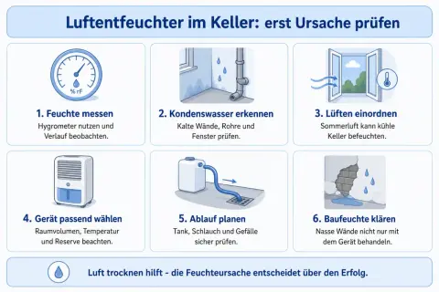 Keller nass was tun? Infografik zeigt 6 Schritte: Feuchte messen, Kondenswasser erkennen, Lüften prüfen, Gerät wählen, Ablauf planen, Baufeuchte klären.