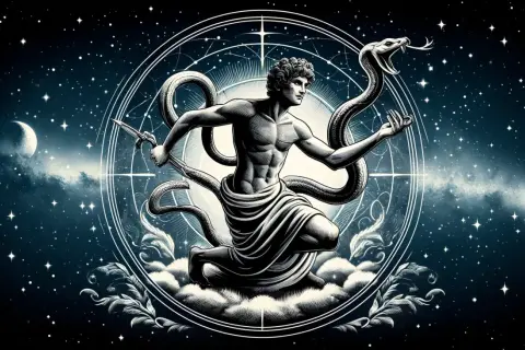 Wężownik, znak zodiaku, w otoczeniu gwiazd i księżyców, walczy z wężem.