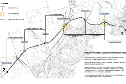 Mapa projektowanych tras rowerowych w Rybniku z zaznaczonymi stacjami, strefami rekreacyjnymi i połączeniami.