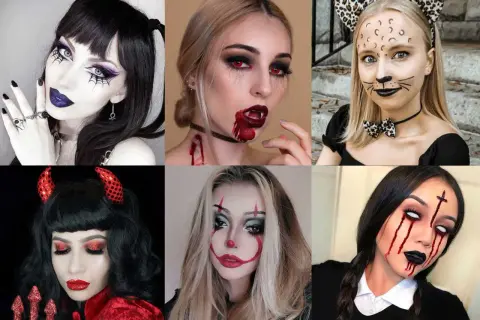 Sei donne con diversi look di trucco halloween: vampiro, gatto, diavoletto, clown e gotico. Un trucco halloween donna semplice ma d'effetto.