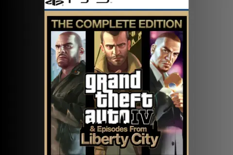 Okładka gry Grand Theft Auto IV: The Complete Edition z postaciami Niko, Johnny'ego i Luisa. Logo PS5.