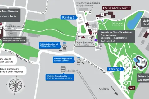 Mapa Kopalni Soli w Wieliczce. Wskazuje wejścia na trasy, parkingi, kasy biletowe i atrakcje.