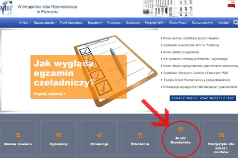 Na stronie głównej Wielkopolskiej Izby Rzemieślniczej widnieje baner z pytaniem "Jak wygląda egzamin czeladniczy?". Podkreślono sekcję "Profil Kandydata".