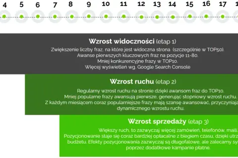 Wykres etapów pozycjonowania stron: wzrost widoczności, ruchu i sprzedaży. Od 1 do 18 miesiąca.