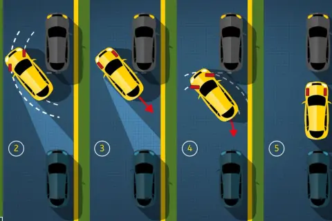 Illustration montrant les étapes pour un stationnement en épi ou en bataille. Une voiture jaune manœuvre entre des voitures grises et bleues.