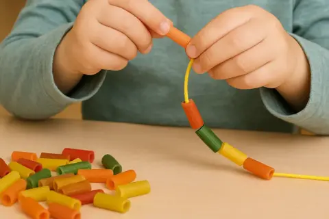 Manos de niño ensartando macarrones de colores, desarrollando la escritura manual.