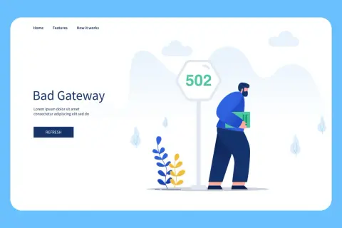 Mężczyzna z teczką mija znak "502 Bad Gateway". Strona informuje o błędzie.