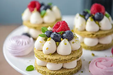 Délicieux petits gâteaux pistache-chocolat blanc, garnis de fruits rouges et de menthe. Parfait pour une recette ganache montée chocolat blanc.