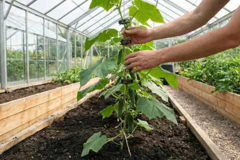 Händer som hjälper till att binda upp gurka i ett växthus. Gurkplantan växer sig stark och bär frukt.