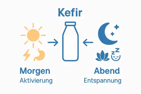 Kefir właściwości: rano aktywacja (słońce, żołądek), wieczorem relaks (księżyc, kwiat, sen).