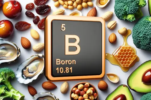 Bor wirkung: Austern, Mandeln, Honig, Brokkoli und Avocado umgeben ein Symbol für Bor.