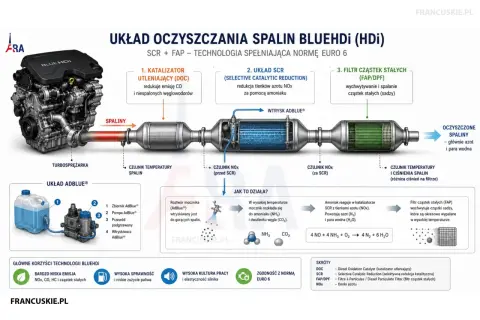 Schemat układu oczyszczania spalin BlueHDi dla silnika 1.6 tdi: katalizator DOC, SCR z wtryskiem AdBlue i filtr FAP.