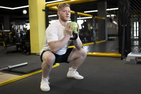 Mężczyzna wykonuje goblet squats z zielonym kettlebellem w siłowni.