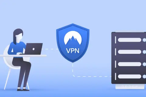 Kobieta z laptopem, tarcza z napisem VPN i serwer.