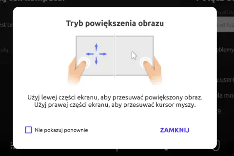 Grafika przedstawia okno dialogowe z instrukcją obsługi zdalnego pulpitu, pokazujące gesty dotykowe.