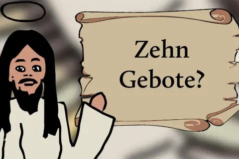 Jesus mit Heiligenschein präsentiert eine Schriftrolle mit der Frage "Zehn Gebote?".