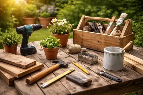 Verktyg och material för ett **diy projekt** ligger utspridda på ett träbord i trädgården. En skruvdragare, hammare, såg, spik och träbitar är redo för skapande.