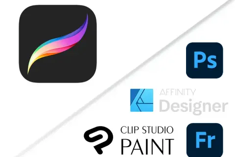Ikony Procreate, Photoshop, Affinity Designer i Clip Studio Paint. Porównanie procreate cena z innymi programami graficznymi.