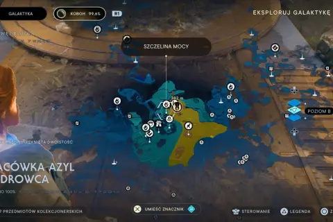 Mapa z gry Jedi Survivor, pokazująca Placówkę Azyl Wędrowca. Wszystkie trofea zebrane!