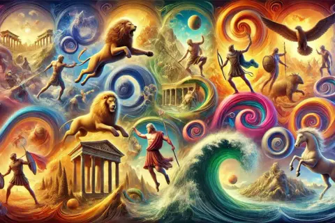 Hercule affronte le lion de Némée, entouré de scènes mythologiques vibrantes. Les 12 travaux d'Hercule prennent vie dans un tourbillon de couleurs et de créatures fantastiques.