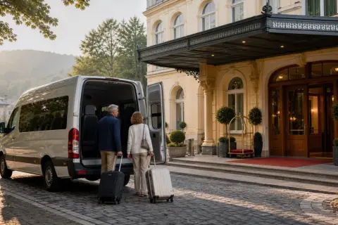 Ein Paar mit Koffern steigt aus einem Van vor einem eleganten Hotel in Mariánské Lázně.