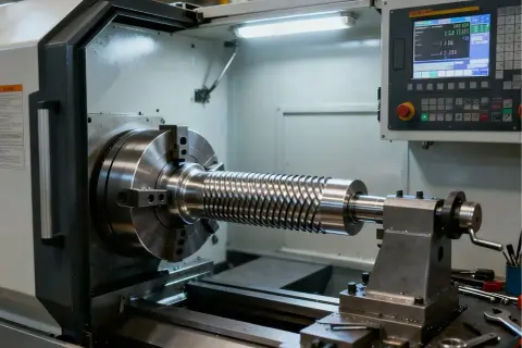 Precyzyjne radełkowanie na tokarce CNC. Metalowy wałek z charakterystycznym wzorem jest obrabiany.