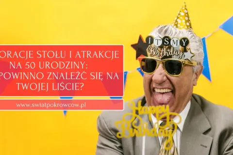 Wesołe atrakcje na 50 urodziny: mężczyzna w okularach "Happy Birthday" i czapce świętuje.