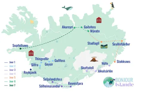 Carte d'un voyage en Islande d'une semaine, montrant les sites clés comme Reykjavik, Gullfoss, Jökulsárlón et Seyðisfjörður.