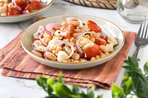 Ensalada de legumbres fresca con garbanzos, judías blancas, tomate y cebolla morada.