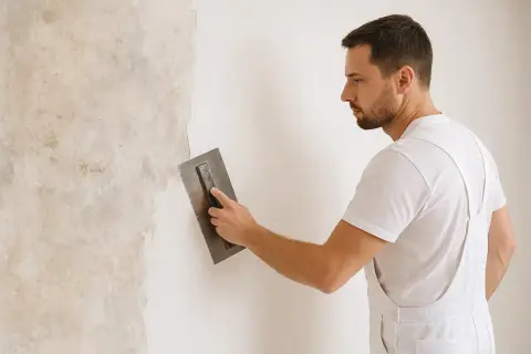 Mann trägt mit Glättekelle Rollputz auf eine Wand auf.