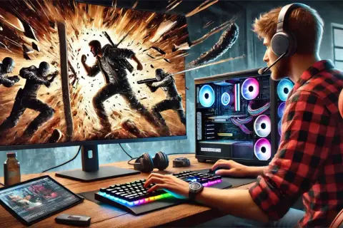 Un joueur aux écouteurs affronte une explosion numérique sur son écran, le **input delay** le ralentissant dans l'action.