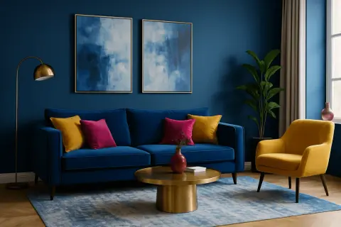 Ein tiefblaues Sofa mit gelben und pinken Kissen. Ein gelber Sessel und ein goldener Couchtisch. Welche Farbe passt zu dunkelblau? Gelb und Pink!