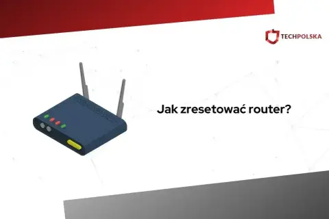 Ilustracja przedstawia router Wi-Fi z antenkami i diodami. Obok widnieje pytanie: "Jak zresetować router?".