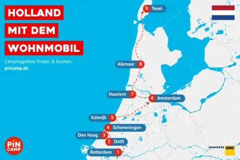 Die Holland Route mit dem Wohnmobil führt von Rotterdam über Delft, Den Haag, Scheveningen, Katwijk, Haarlem, Alkmaar bis nach Texel. Campingplätze finden & buchen: pincamp.de